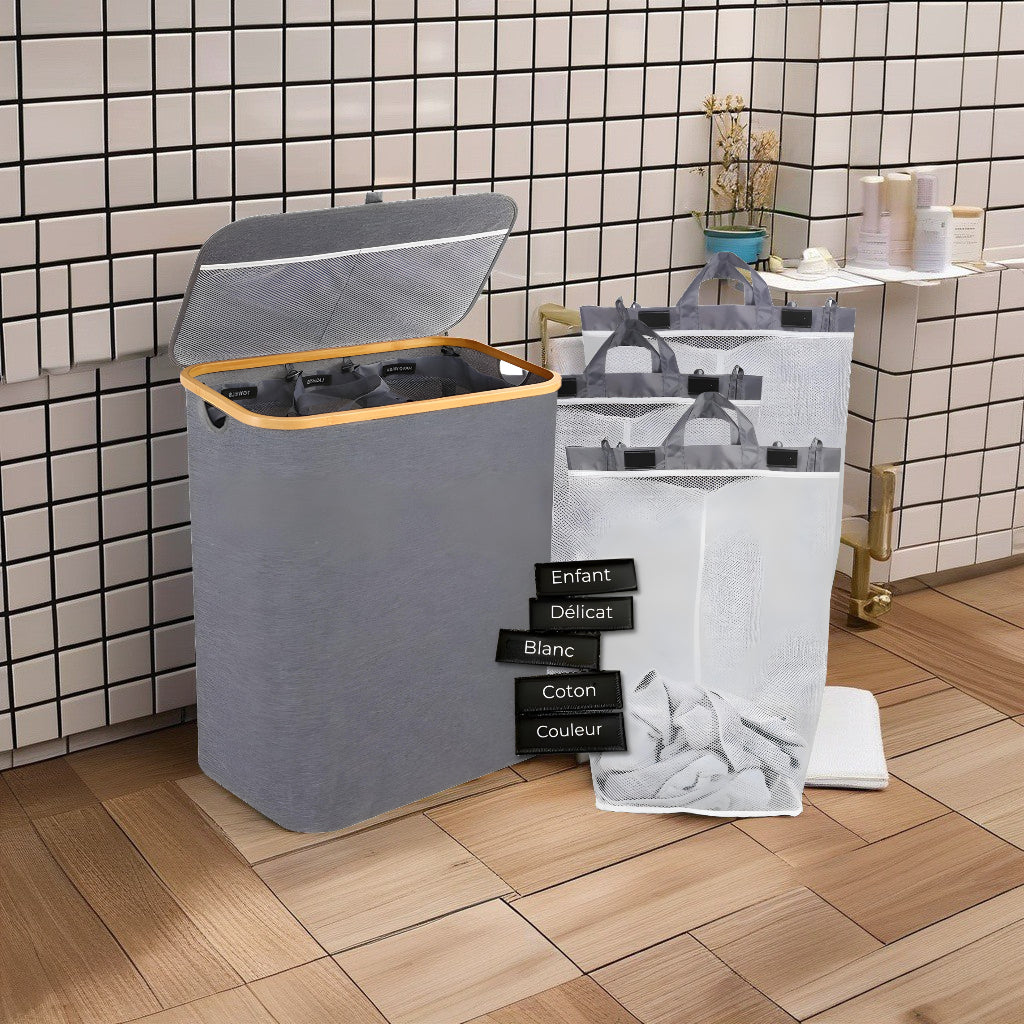 Panier à Linge avec Couvercle et 3 Sacs Amovibles 100L